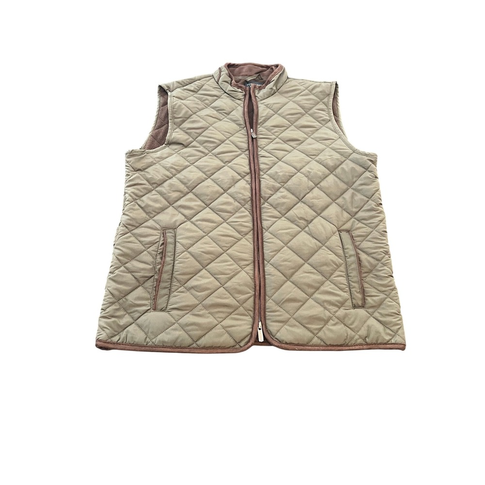 Elie Tahari Mens Quilted Fleece Lined Vest Olive Green Brown Trim Large